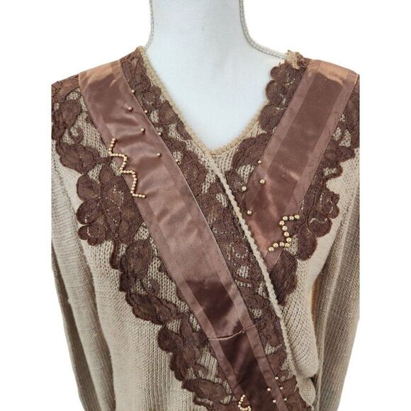 Vintage 80s Enfin Marcia Hand Loomed Brown Lace Knit Sweater M Ruffles - Picture 2 of 7